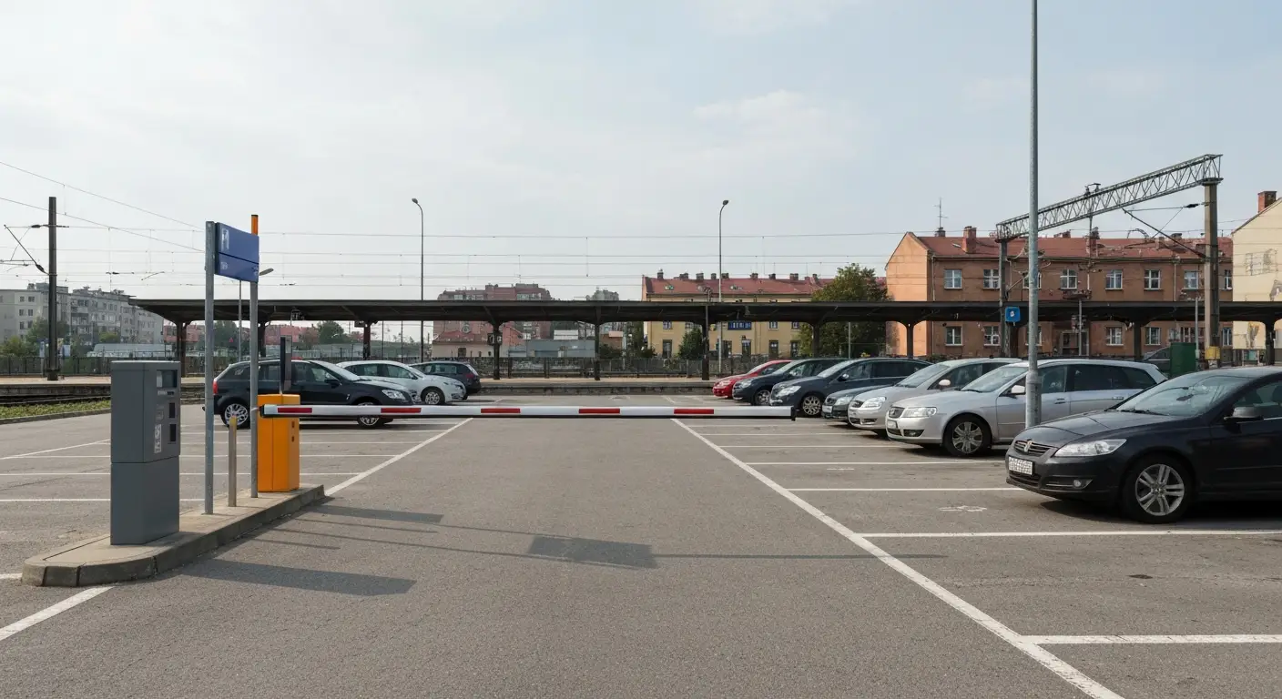 Parking z zaparkowanymi samochodami przy dworcu kolejowym w Czestochowie, w tle peron i siec trakcyjna
