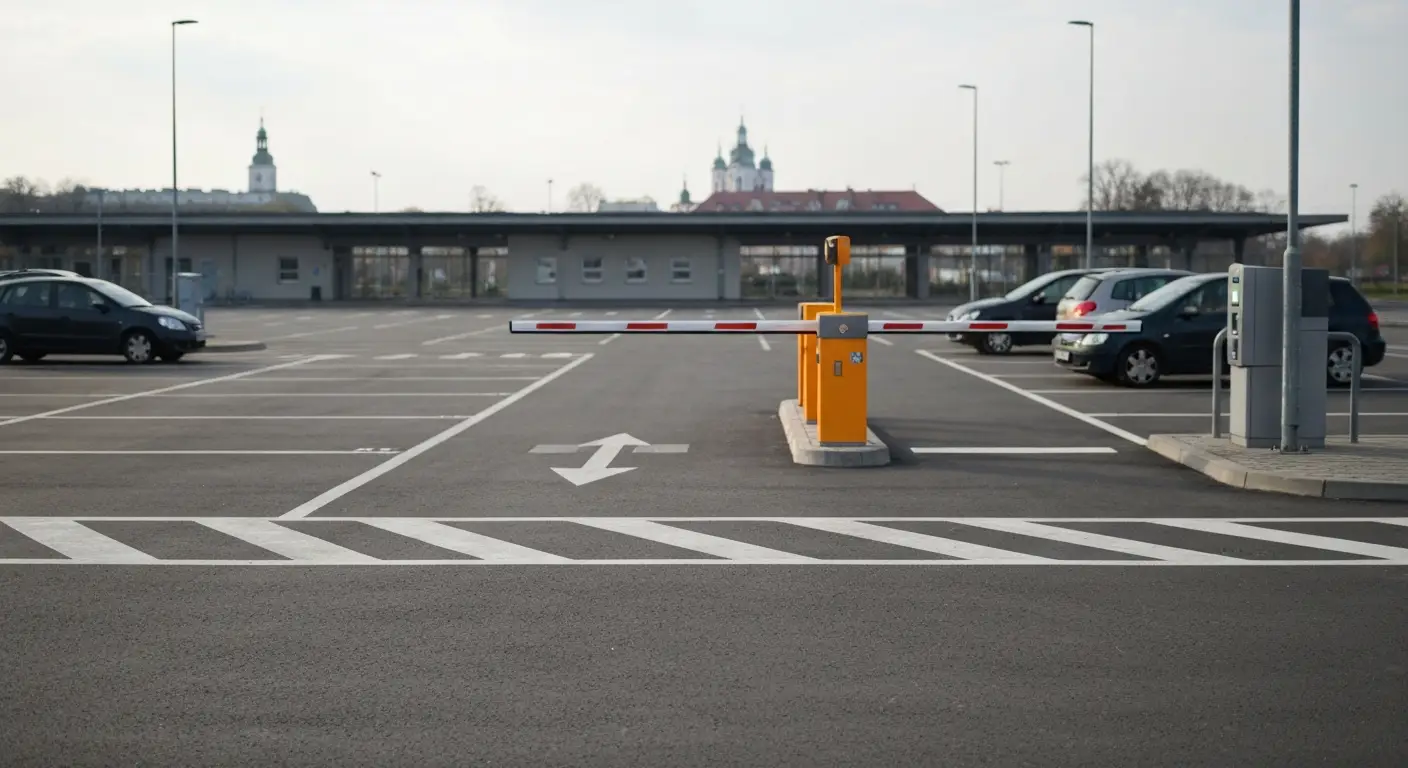 Parking przy dworcu kolejowym w Czestochowie z pustymi miejscami postojowymi, szlabanem i zaparkowanymi autami, w tle wi