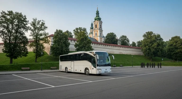 Autokar zaparkowany na szerokim placu postojowym u podnoza wzgorza jasnogorskiego w Czestochowie, w tle wieza klasztoru