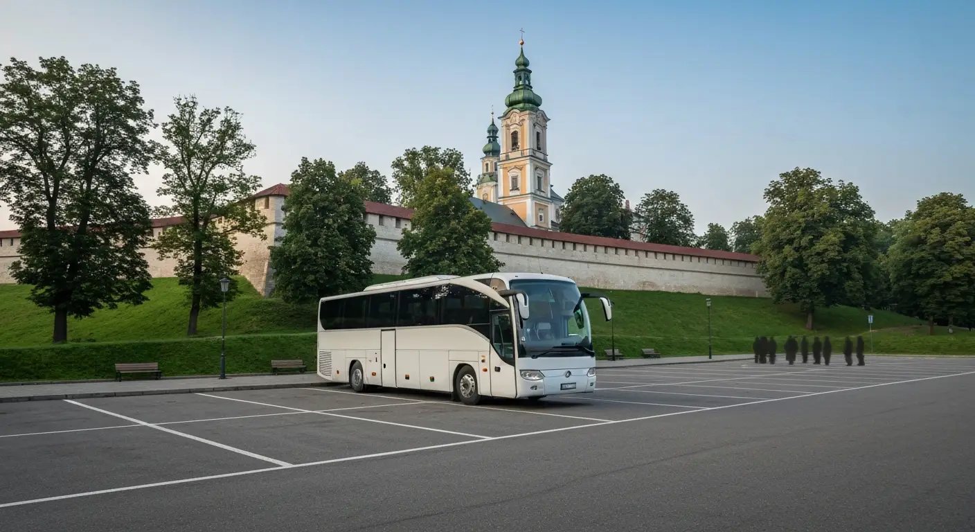 Autokar zaparkowany na szerokim placu postojowym u podnoza wzgorza jasnogorskiego w Czestochowie, w tle wieza klasztoru