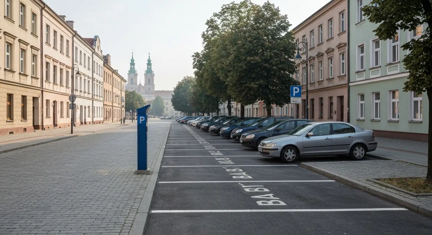 Zaparkowane samochody w wyznaczonych miejscach przy szerokiej alei w centrum Czestochowy, kamienice i wieza Jasnej Gory