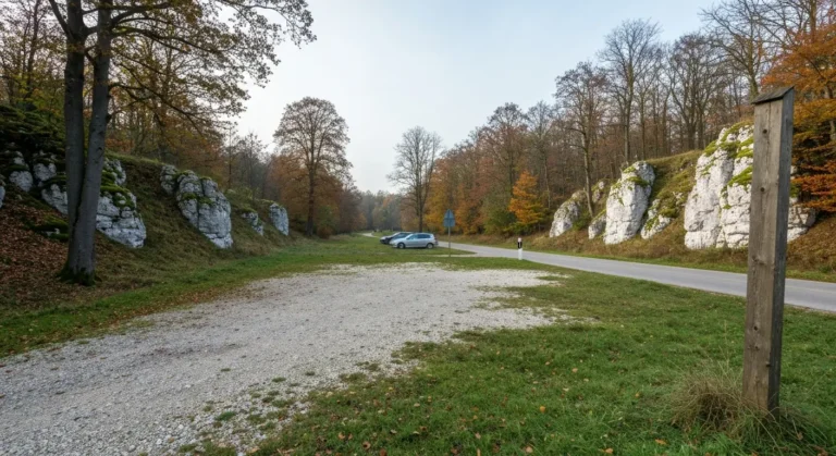 Zaciszny parking na skraju jurajskiej wsi Zloty Potok, kilka aut przy lesnej alei prowadzacej do parku palacowego i doli