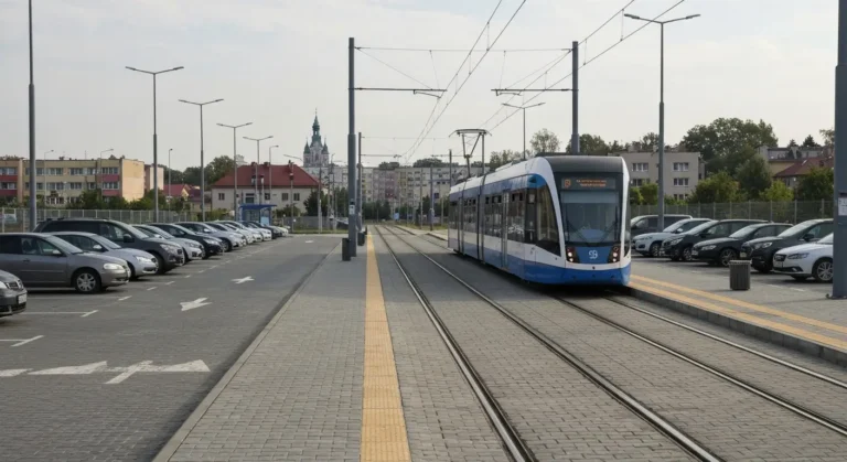 Parking park and ride na obrzezach Czestochowy z zaparkowanymi autami i przystankiem tramwajowym, nadjezdzajacy tramwaj