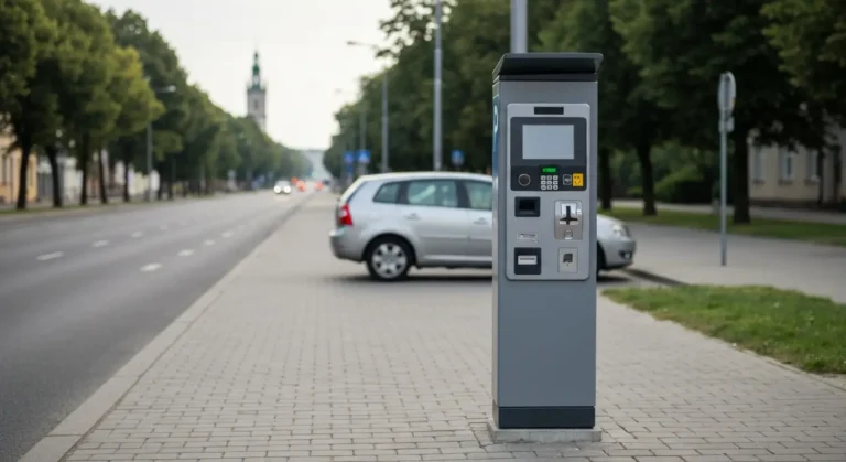 Szary parkomat na chodniku w strefie platnego parkowania w centrum Czestochowy, w tle rozmyty zaparkowany samochod i ale