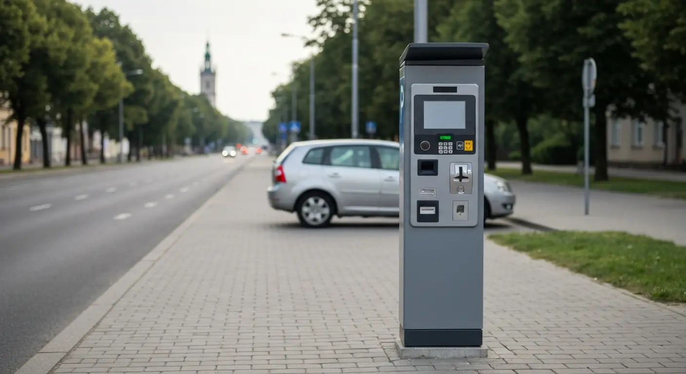 Szary parkomat na chodniku w strefie platnego parkowania w centrum Czestochowy, w tle rozmyty zaparkowany samochod i ale