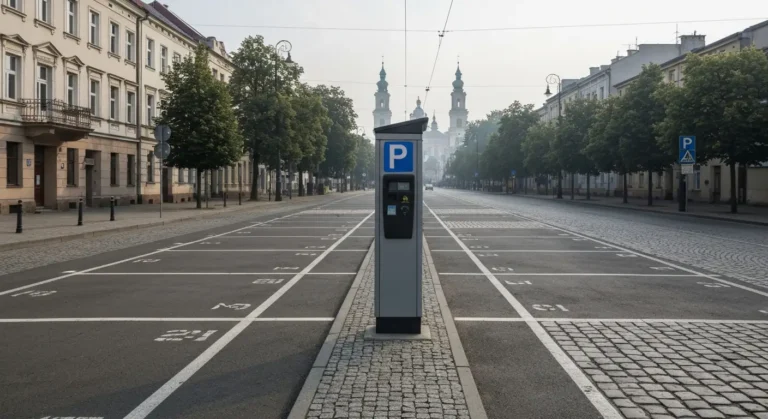 Platna strefa parkowania przy szerokiej alei w centrum Czestochowy z parkomatem i pustymi miejscami postojowymi, w tle w