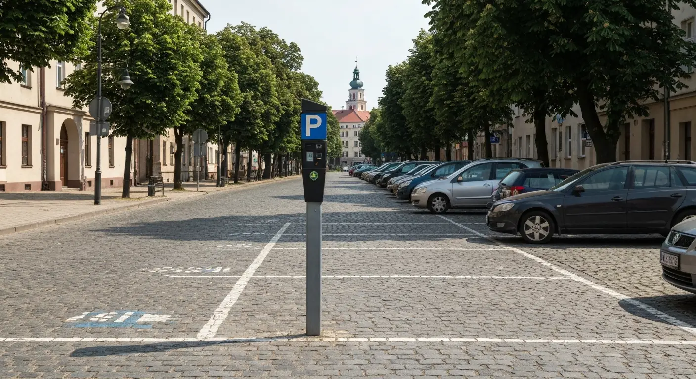 Pusta sobotnia ulica w centrum Czestochowy z parkometrem i miejscami postojowymi wzdluz kamienic, w tle wieza Jasnej Gor