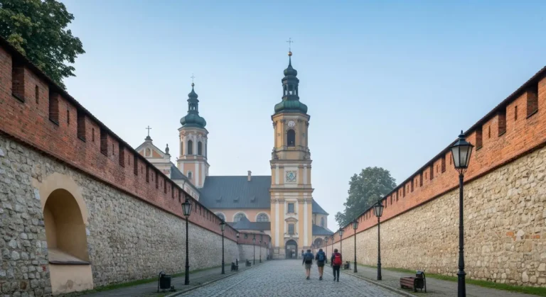 Klasztor na Jasnej Gorze w Czestochowie o poranku, wieza i mury obronne, brukowana aleja z sylwetkami pielgrzymow z plec