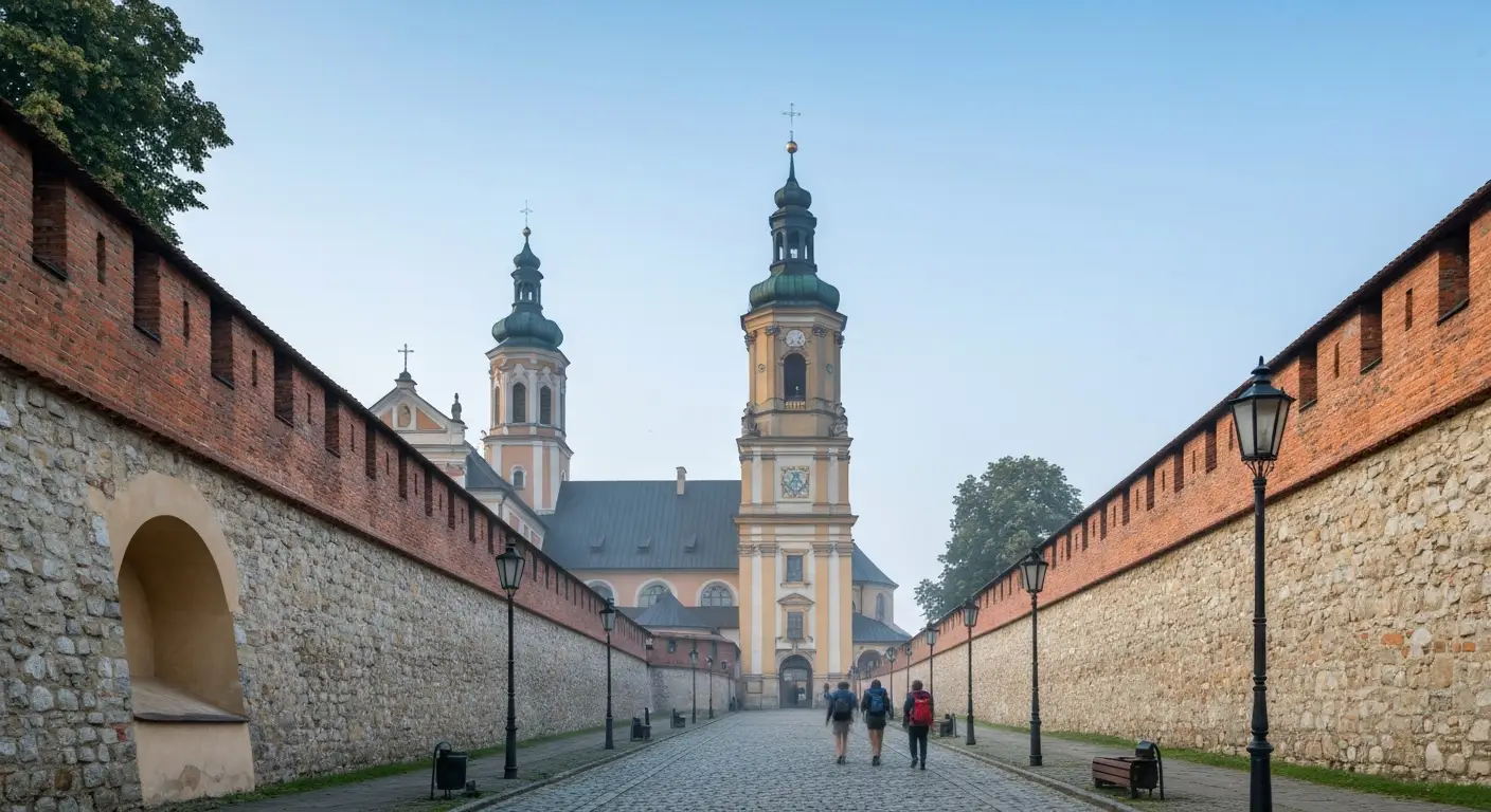 Klasztor na Jasnej Gorze w Czestochowie o poranku, wieza i mury obronne, brukowana aleja z sylwetkami pielgrzymow z plec
