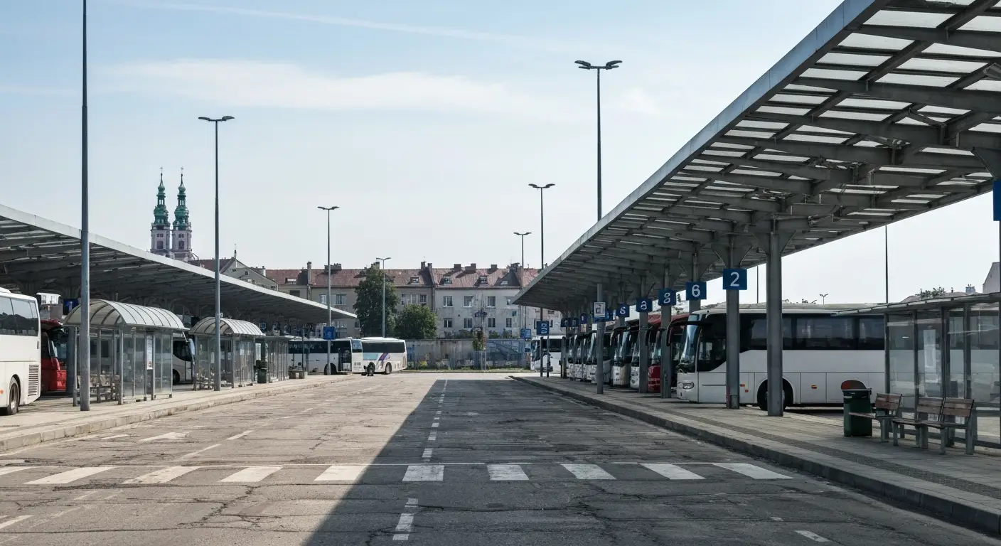 Regionalny dworzec autobusowy w Czestochowie z peronami i autobusami, w tle wieza Jasnej Gory.