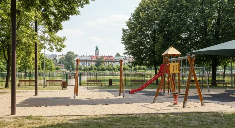 Miejski plac zabaw w Czestochowie z drewnianymi hustawkami, zjezdzalnia i zadaszeniem, wsrod drzew w zielonym parku