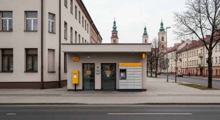 Nowoczesna placowka pocztowa z zolta skrzynka i paczkomatem przy alei w centrum Czestochowy, w tle wieza Jasnej Gory