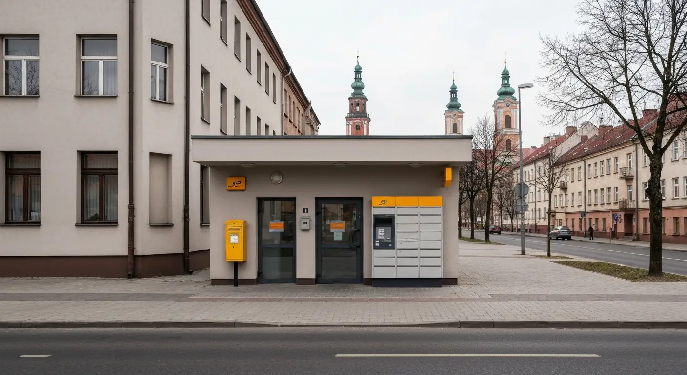 Nowoczesna placowka pocztowa z zolta skrzynka i paczkomatem przy alei w centrum Czestochowy, w tle wieza Jasnej Gory
