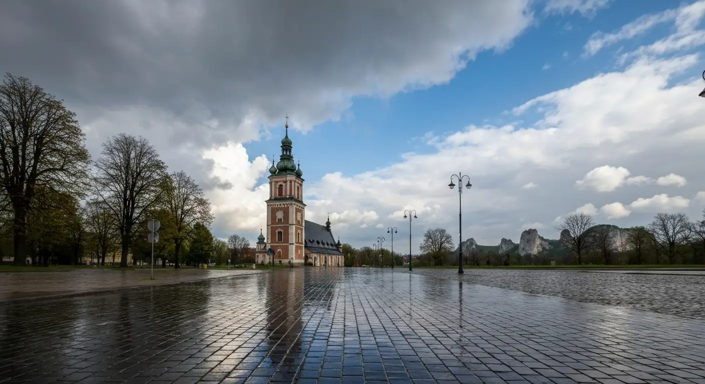 Wieza klasztoru na Jasnej Gorze w Czestochowie widoczna nad aleja, zmienne chmury i przejasnienia po deszczu