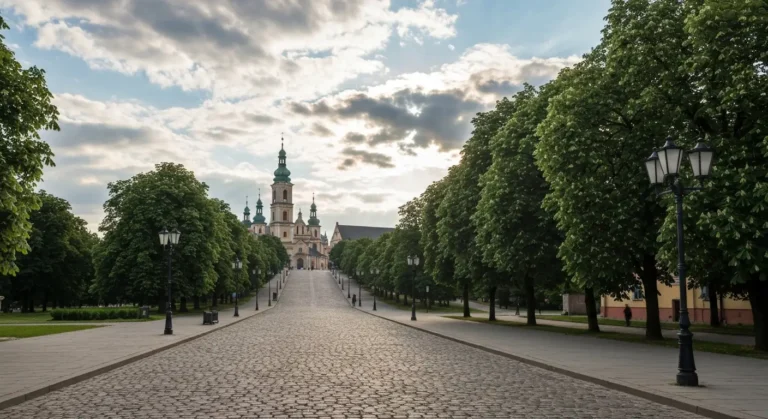 Wieza klasztoru na Jasnej Gorze w Czestochowie widziana z Alei NMP w pochmurny letni poranek