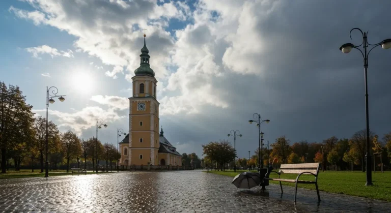 Wieza Jasnej Gory nad Alejami NMP w Czestochowie pod niebem czesciowo slonecznym, czesciowo z deszczowymi chmurami, mokr