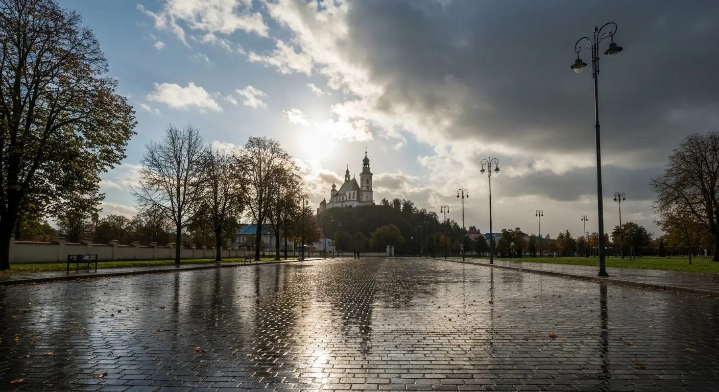 Wieza klasztoru na Jasnej Gorze nad aleja w Czestochowie, mokry bruk i niebo z przelotnym sloncem oraz deszczowymi chmur