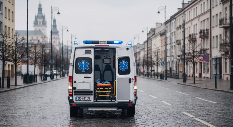 Karetka pogotowia ratunkowego z otwartymi drzwiami na szerokiej alei w Czestochowie, w tle zarys wiezy Jasnej Gory