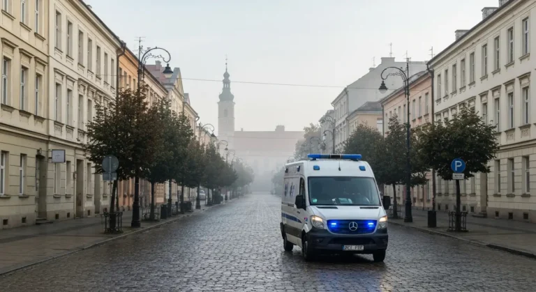 Bialy ambulans z niebieska sygnalizacja zaparkowany na szerokiej alei z zabytkowymi kamienicami w Czestochowie, w tle za