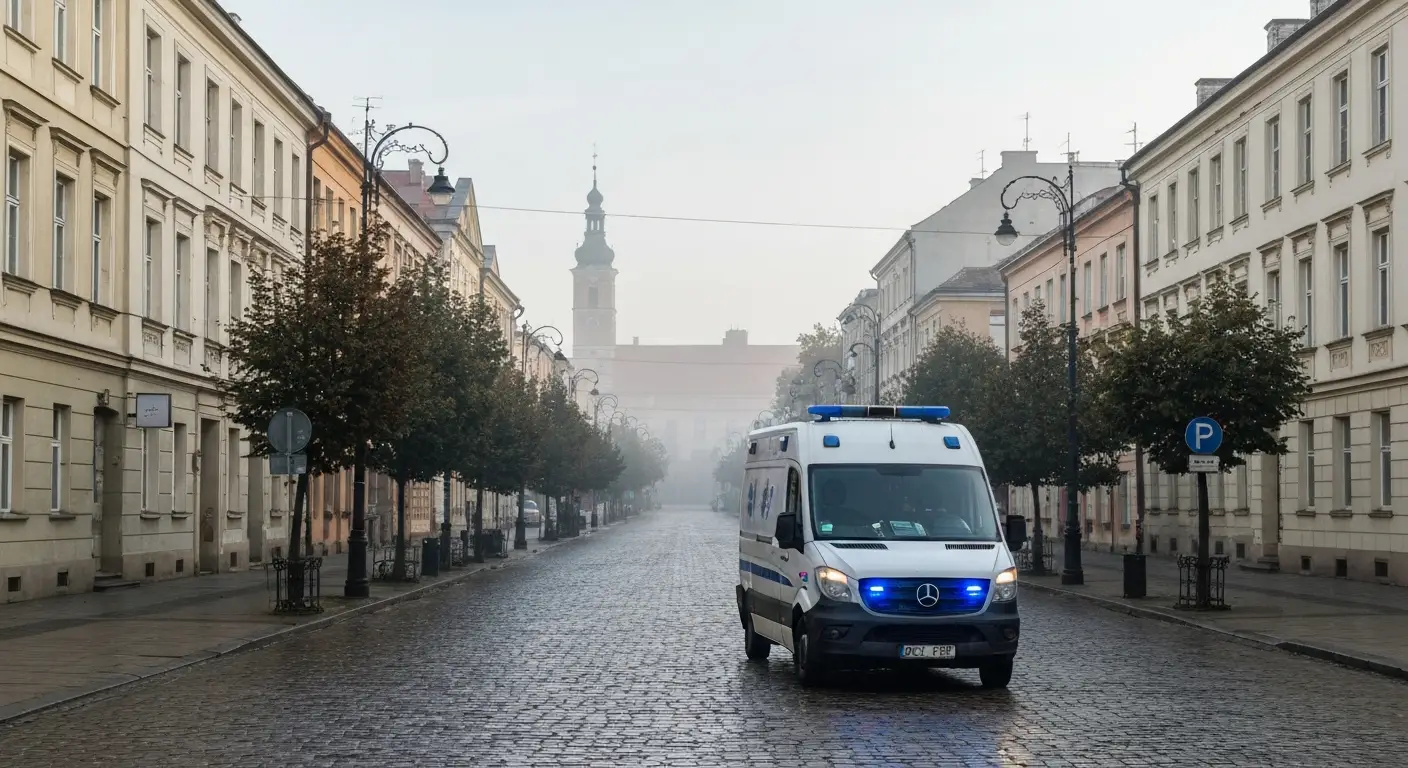 Bialy ambulans z niebieska sygnalizacja zaparkowany na szerokiej alei z zabytkowymi kamienicami w Czestochowie, w tle za