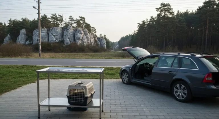 Wejscie do wiejskiej lecznicy weterynaryjnej na Jurze pod Czestochowa, transporter dla zwierzat i samochod z otwartym ba