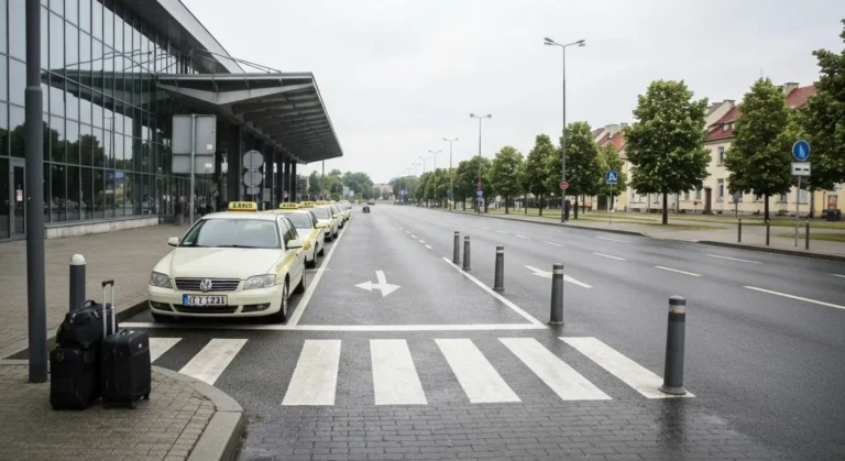 Postoj taksowek i strefa krotkiego zatrzymania przed dworcem kolejowym w Czestochowie, walizka przy krawezniku