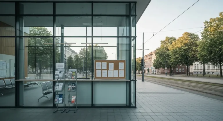 Wejscie do budynku urzedu pracy w Czestochowie, poczekalnia z krzeslami i stojak z ulotkami, w tle miejska aleja z torow