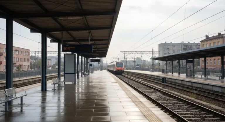 Peron dworca kolejowego w Czestochowie z zadaszeniem, schodami do tunelu i pociagiem regionalnym przy torze