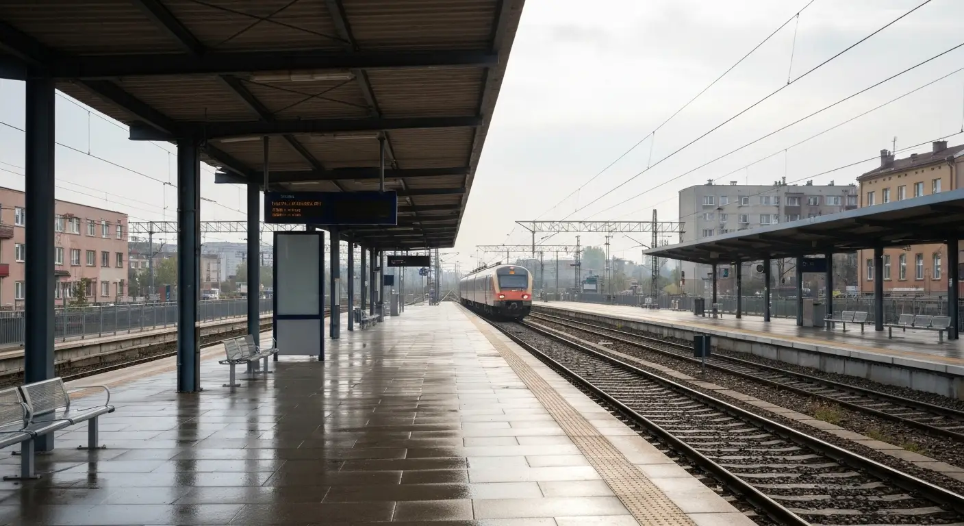 Peron dworca kolejowego w Czestochowie z zadaszeniem, schodami do tunelu i pociagiem regionalnym przy torze