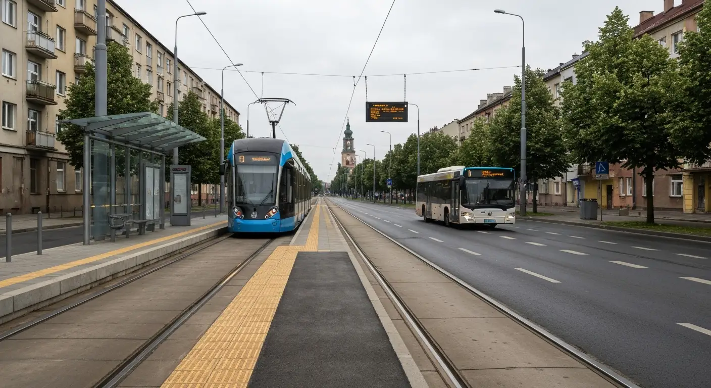 Tramwaj i autobus miejski na wezle przesiadkowym przy szerokiej alei w Czestochowie
