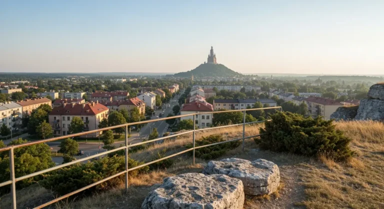 Punkt widokowy nad Czestochowa - wapienna skala i barierka na pierwszym planie, w oddali panorama miasta z wieza Jasnej