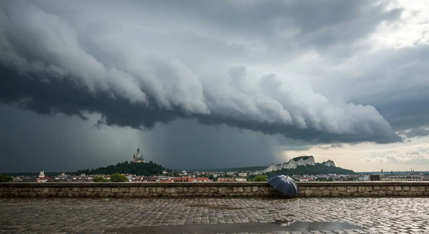 Ciemny front burzowy z zaslonami deszczu nad panorama Czestochowy i wzgorzami Jury