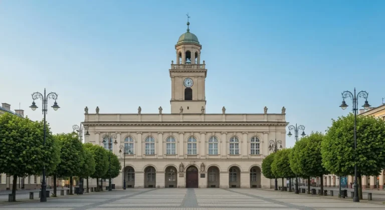 Klasycystyczny ratusz z wieza zegarowa przy brukowanym placu w centrum Czestochowy w swietle dnia
