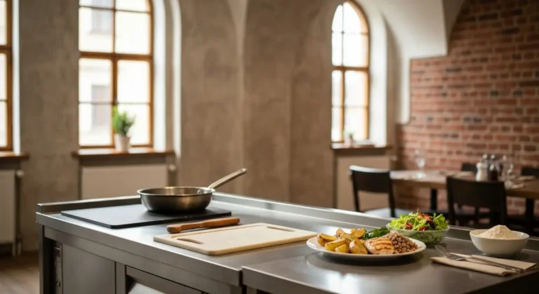 Stanowisko w kuchni czestochowskiej restauracji z oddzielna deska i talerzem bezglutenowego dania przy oknie kamienicy