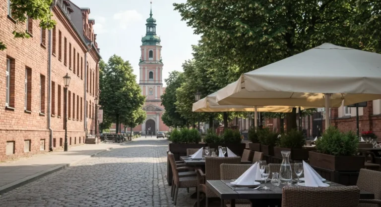 Taras restauracji przy brukowanej ulicy w Czestochowie z wieza klasztoru na Jasnej Gorze w tle