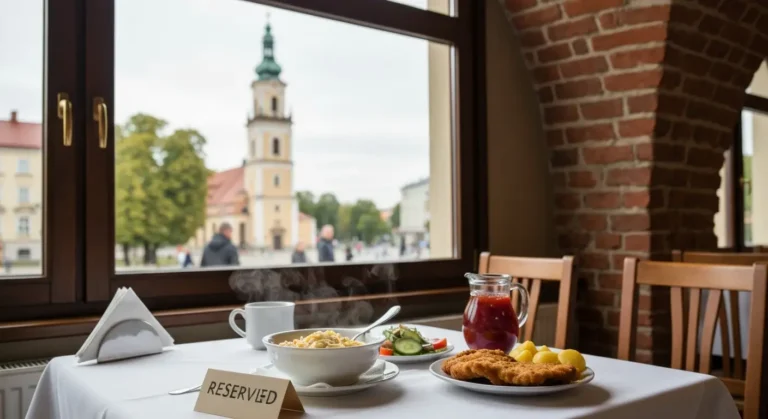 Niedzielny obiad na stole w czestochowskiej restauracji, za oknem wieza klasztoru i aleja z drzewami