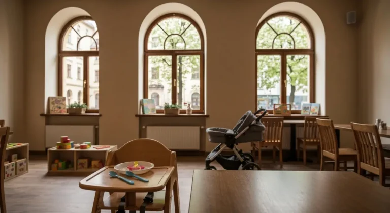 Wnetrze rodzinnej restauracji w Czestochowie z krzeselkiem do karmienia, wozkiem i kacikiem zabaw przy oknie