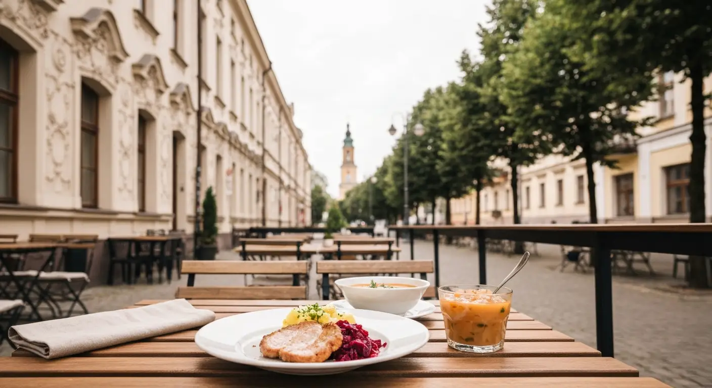 Stolik restauracyjny z obiadem na deptaku w centrum Czestochowy, w tle kamienice i wieza kosciola