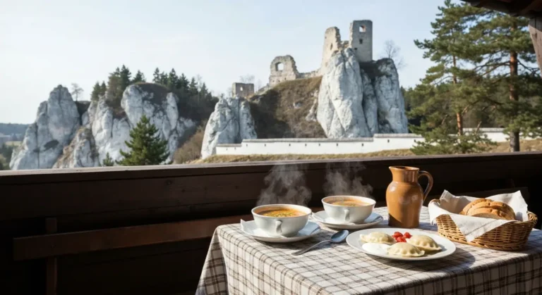 Stolik z regionalnym obiadem na tarasie restauracji w Olsztynie kolo Czestochowy, w tle wapienne skaly i ruiny zamku