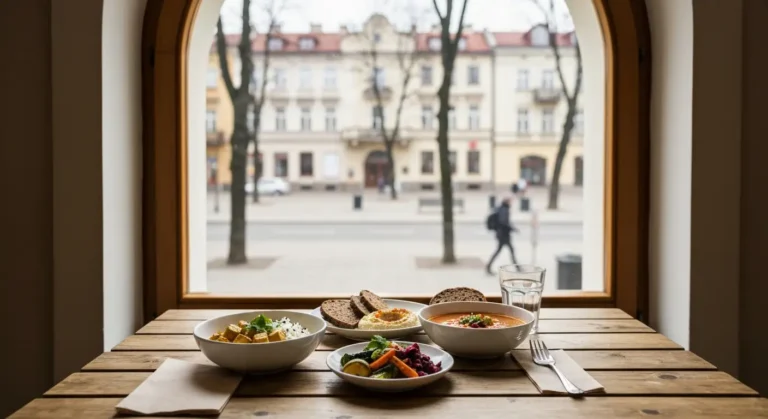 Stol w czestochowskiej restauracji z daniami roslinnymi, w tle rozmyta aleja z kamienicami