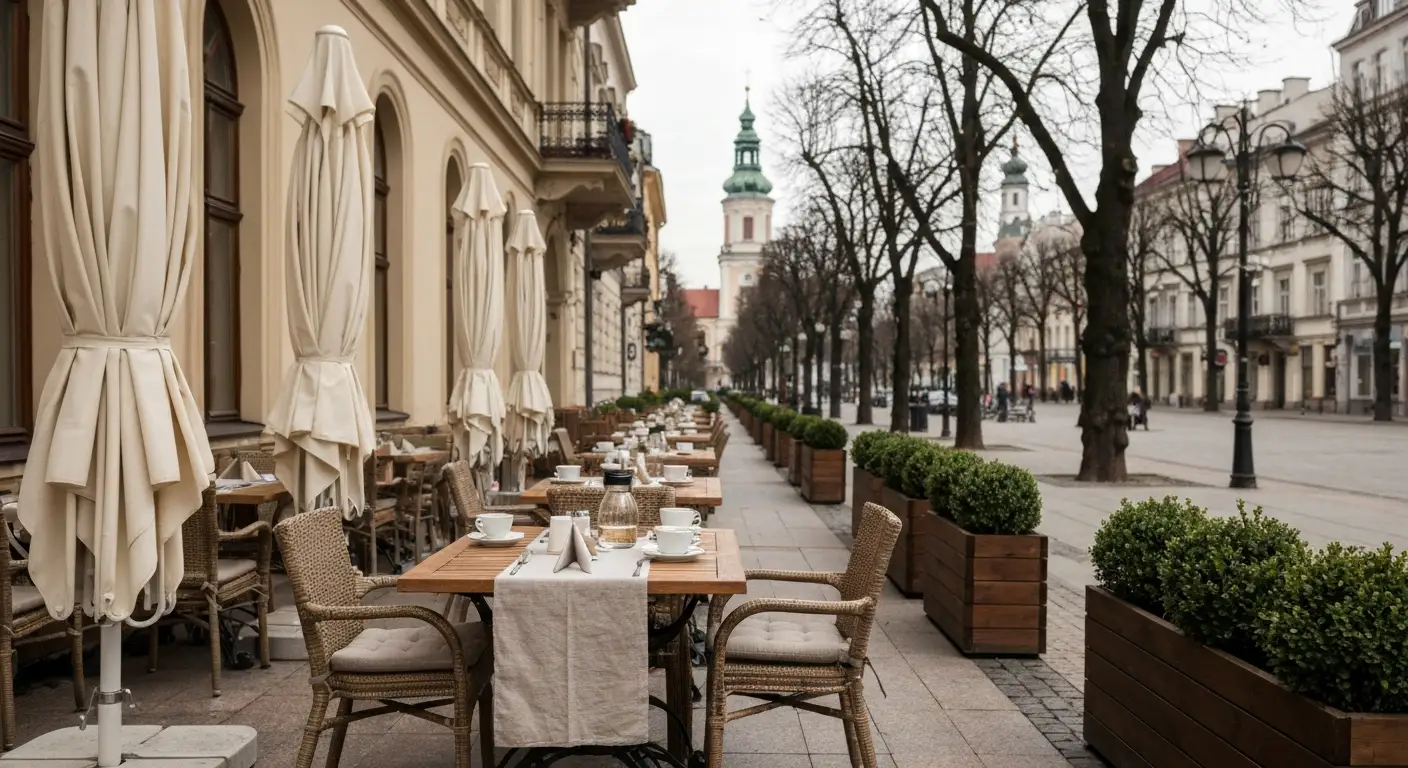Ogrodek restauracyjny ze stolikami i parasolami przy kamienicy w centrum Czestochowy