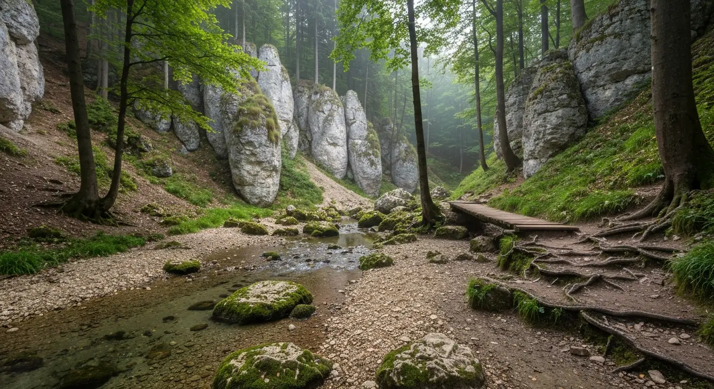 Strumien Wiercica plynacy przez lesny wawoz rezerwatu Parkowe w Zlotym Potoku, wapienne skaly i sciezka z drewnianym mos