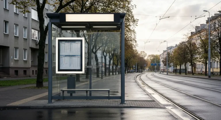 Wiata przystankowa z pustym panelem odjazdow przy alei w Czestochowie, w tle autobus miejski i tory tramwajowe