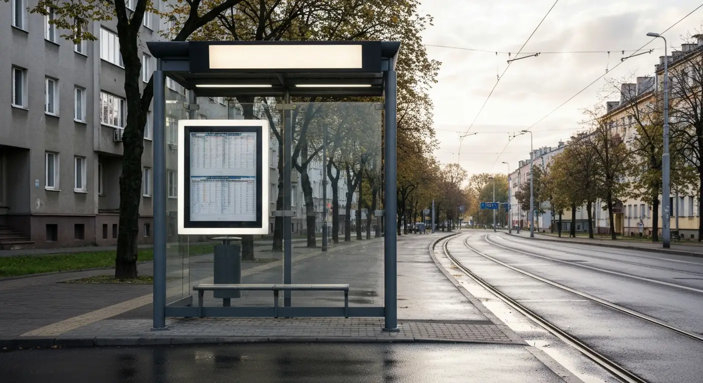Wiata przystankowa z pustym panelem odjazdow przy alei w Czestochowie, w tle autobus miejski i tory tramwajowe
