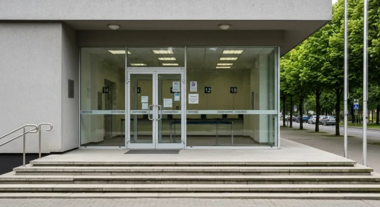 Budynek urzedu powiatowego w Czestochowie z przeszklonym wejsciem i pusta sala obslugi interesantow