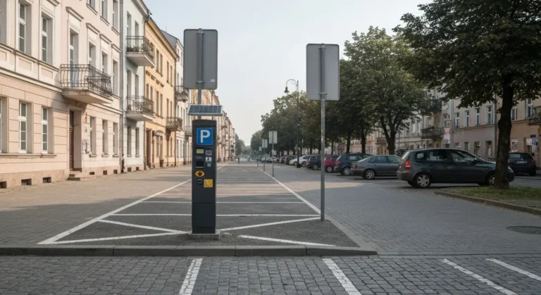 Parkometr i wyznaczone miejsca postojowe przy szerokiej alei z kamienicami w centrum Czestochowy