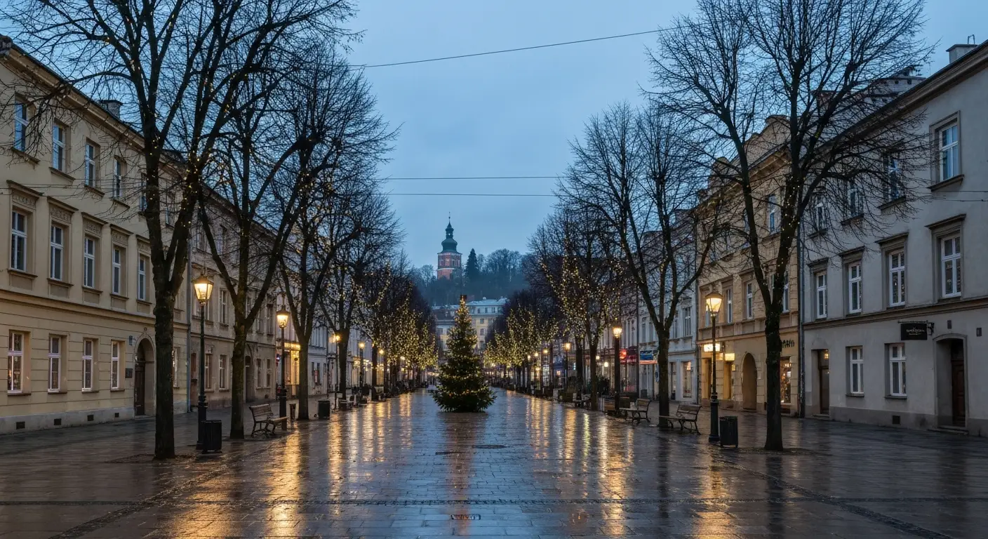 Swiateczne iluminacje na Alejach Najswietszej Maryi Panny w Czestochowie o zmierzchu, w tle wieza klasztoru na wzgorzu