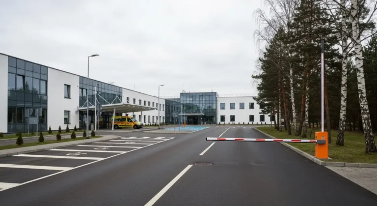 Nowoczesny kompleks szpitalny na Parkitce w Czestochowie z podjazdem dla karetek i parkingiem dla odwiedzajacych