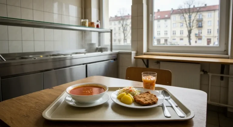 Taca z zupa pomidorowa, kotletem, ziemniakami i kompotem na stole w barze mlecznym w Czestochowie