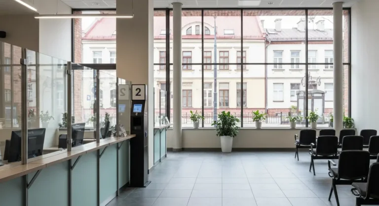 Jasna sala obslugi mieszkancow w czestochowskim urzedzie miasta z rzedem stanowisk za szklanymi przepierzeniami i pustym